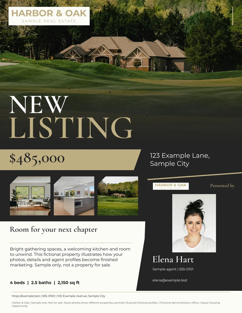 Branded listing flyer generated by AutomatedRE using fictional demonstration content.