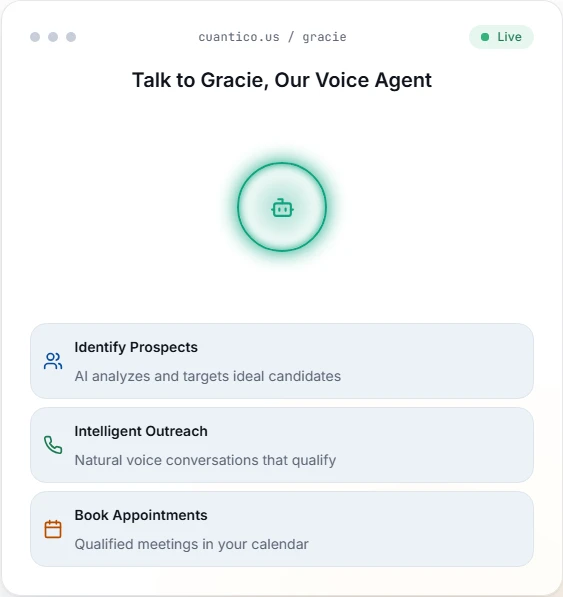 Screenshot of Cuantico's public Gracie voice demo, showing prospect identification, outreach, and appointment booking.