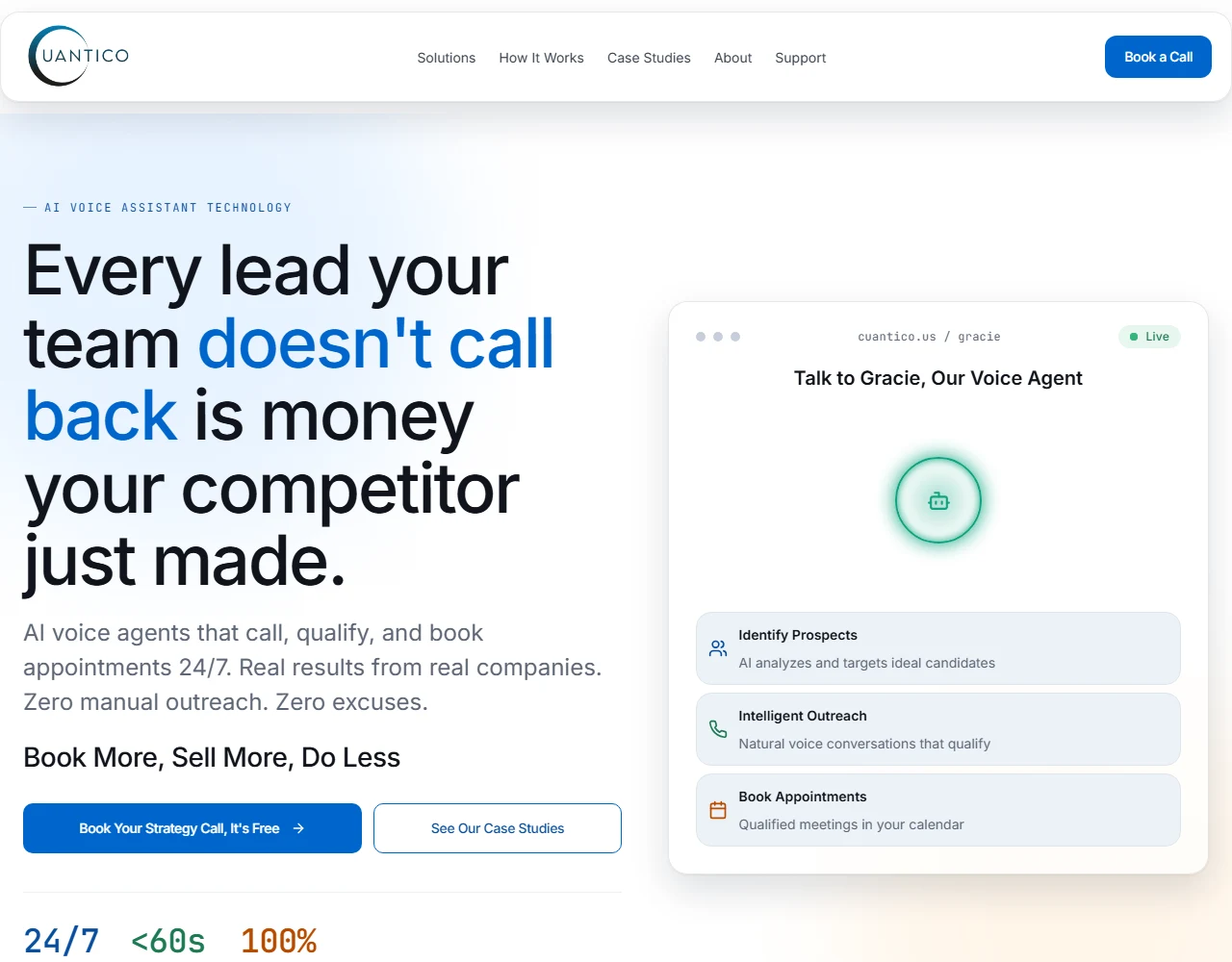 Cuantico AI's public website introducing its AI voice assistants and Gracie demo.
