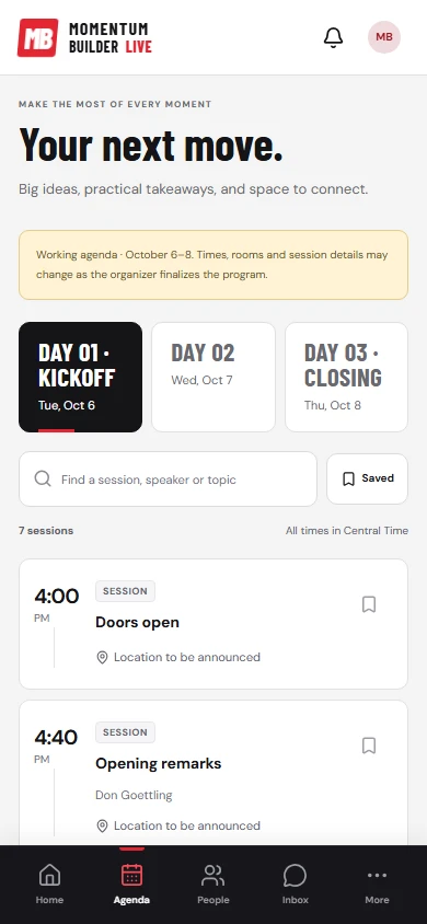 The current mobile Event Beast agenda showing day selection and sessions, with the working-program notice.