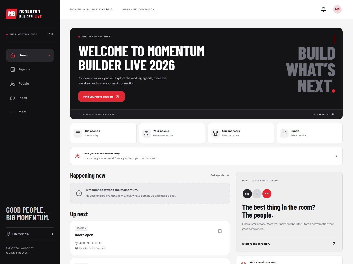 Event Beast's in-development desktop home for Momentum Builder LIVE, with agenda, people, sponsors and event information.